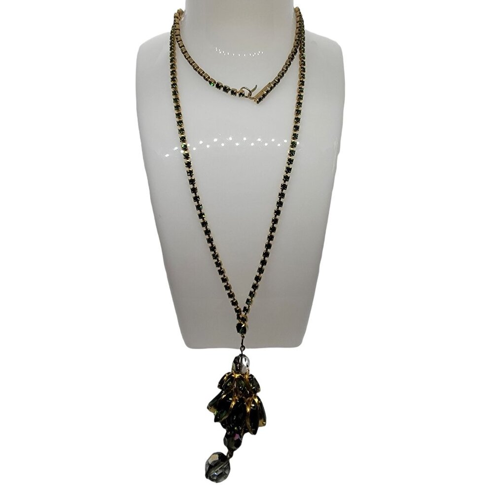 Gold Tone Green Rhinestone Chain Necklace With Rhinestone Pendant – 24” Long